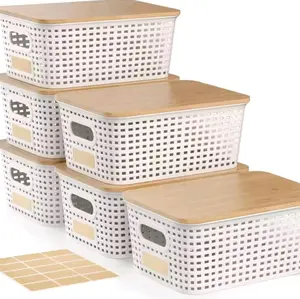 6PCS Stackable Storage Bins with Bamboo Lids Closet Organizer Box Durable Plastic & Premium Bamboo Lids for Clothes Toys Shelves & Closets Modern Look for Any Room