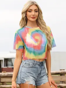 INSPIRE CHIC Fishnet Top for Women's Crop Short Sleeve Crew Neck Sheer Mesh Shirt Casual Net T Shirts