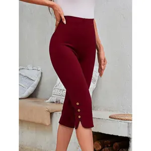 Elegant woman High Waist Skinny Capri Leggings - Casual Solid Leggings With Buttons - Stretchy, Breathable Fabric - For Women - Perfect for Yoga, Running & Everyday Wear - Great Gift for Fitness Enthusiasts2tYT