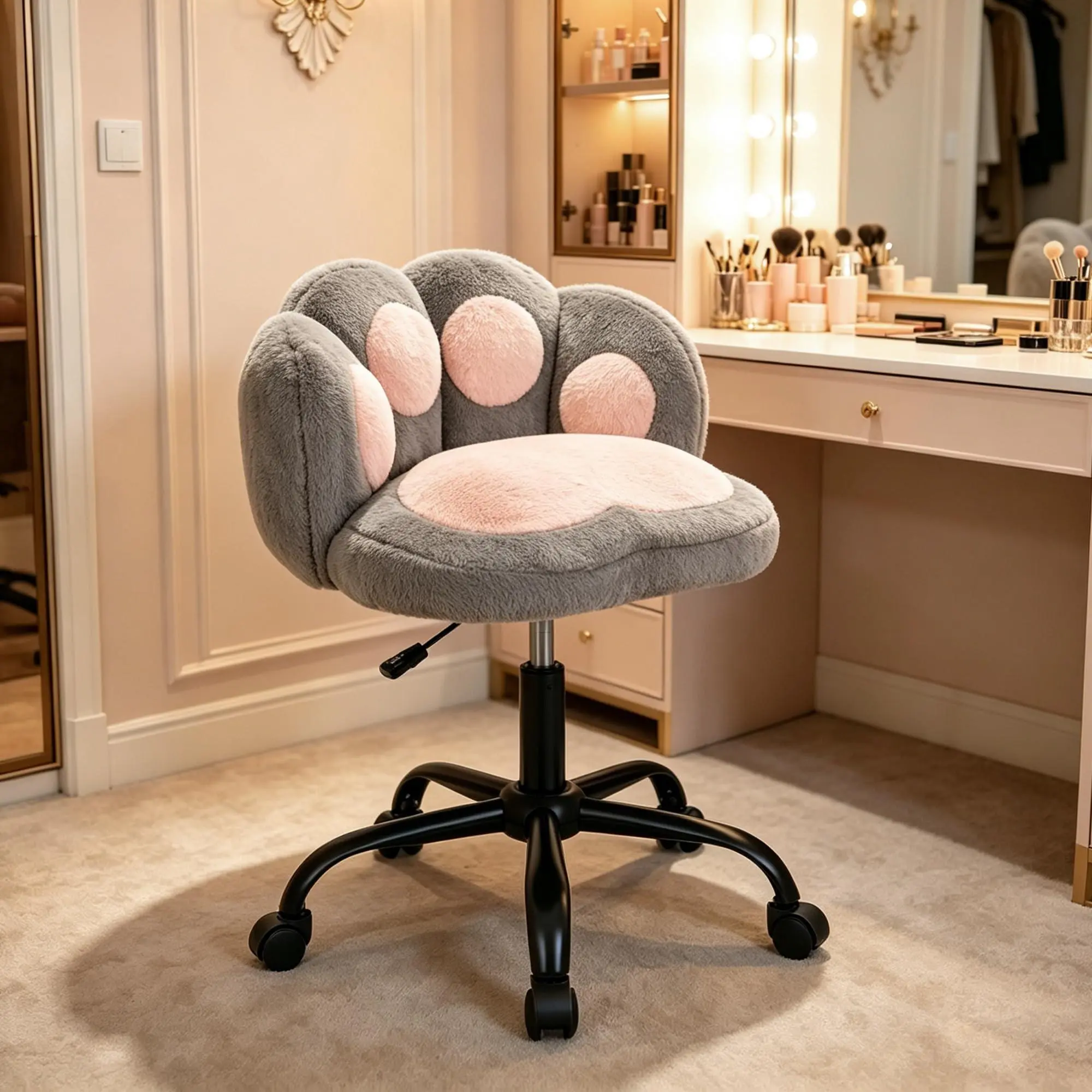 Vanity Chair with Cat Paw Back,Armless Desk Chair Cute Small Office Chair with Wheels,Teddy Fabric 360°Rotating Computer Chair,Adjustable Height for Vanity,Kids Room,Office,Bedroom,Grey