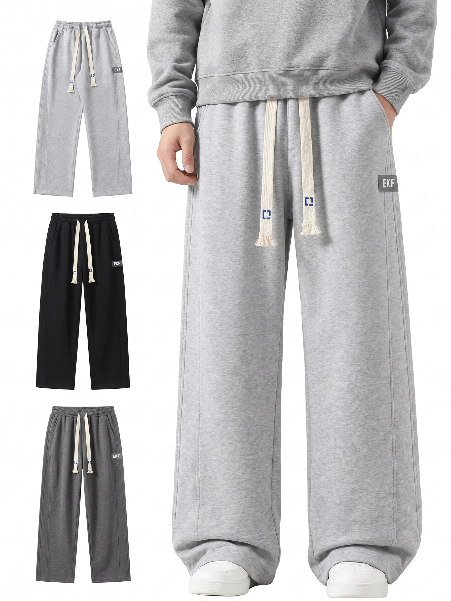 Men’s fleece-lined drawstring sweatpants for autumn/winter, gray with a drapey feel, loose wide-leg athletic pants suitable for everyday commuting.