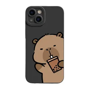 Cartoon Cute Capybara Matte Angel Eye Cellphone Cover - Bubble Tea Design Tech Accessory for iPhone 16,15,14,13,12,11 Pro Max,12-13 Mini,XS,XR,X,8,7 Plus with Protection (Mobile Phone Accessories)