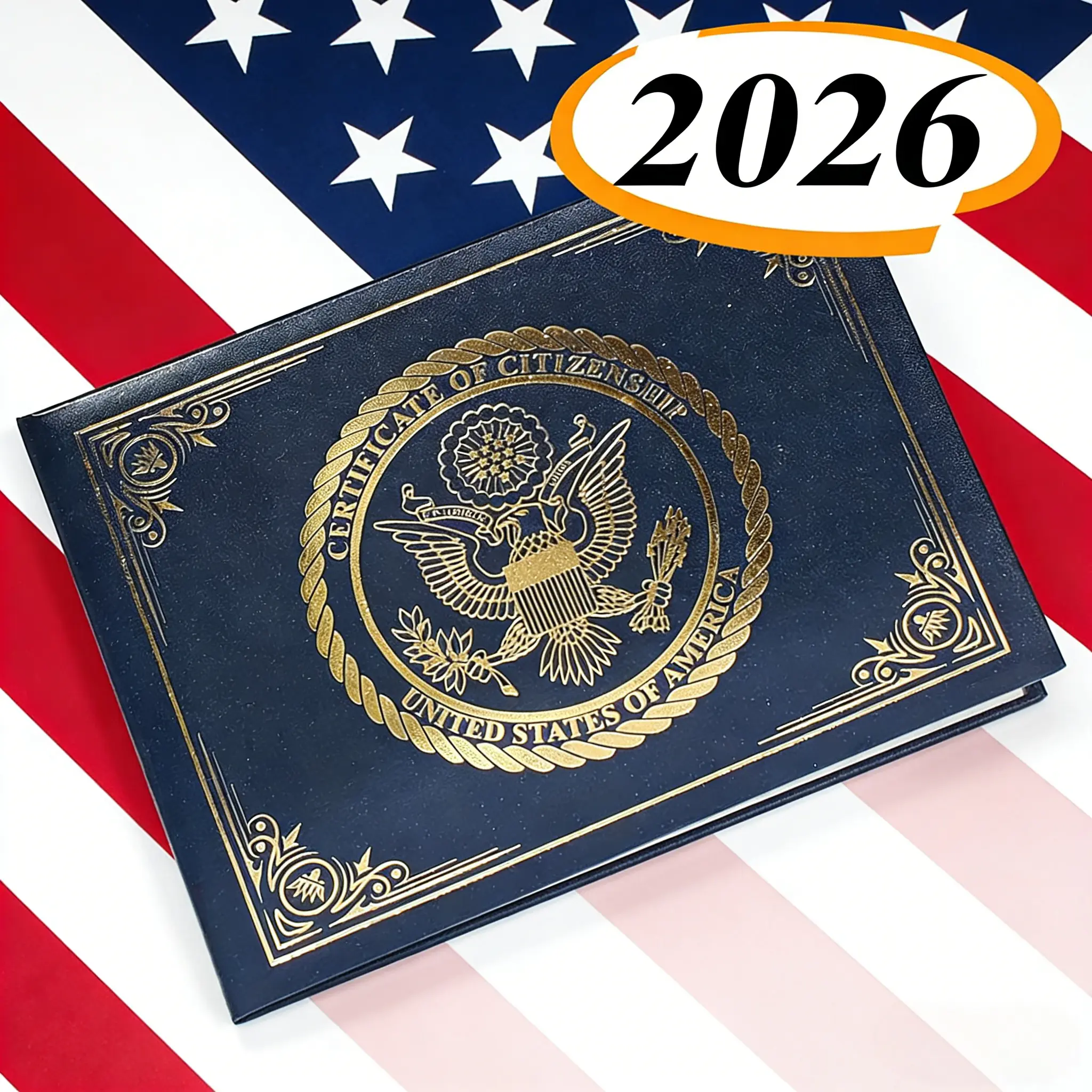 Elegant American Citizenship Certificate Holder - Navy PU Leather Padded Cover with Gold Foil Embossed 14th Amendment Flag, Corner Ribbons, 8.5"x11" 2018-2026 Fit, 12.3oz Luxurious Feel, Office Desk Organizer Accessory for Family Members