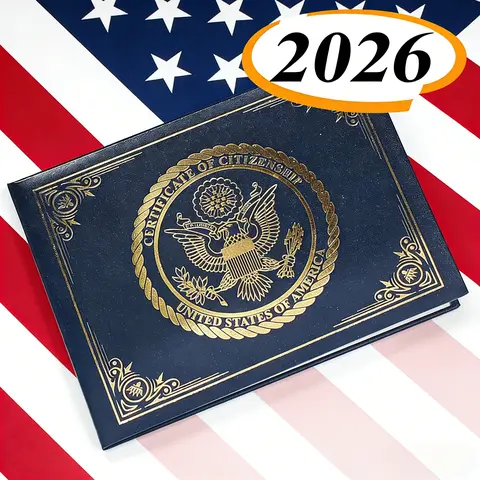 American Citizenship Certificate Holder - Navy Faux Leather Padded Cover, Gold Foil Embossed 14th Amendment Flag, Corner Ribbons, 8.5"x11" 2018-2026 Fit, 12.3 oz Luxe Feel, Unobstructed Display, Desk Organizer Accessory, Thoughtful Gift for New Citizens,