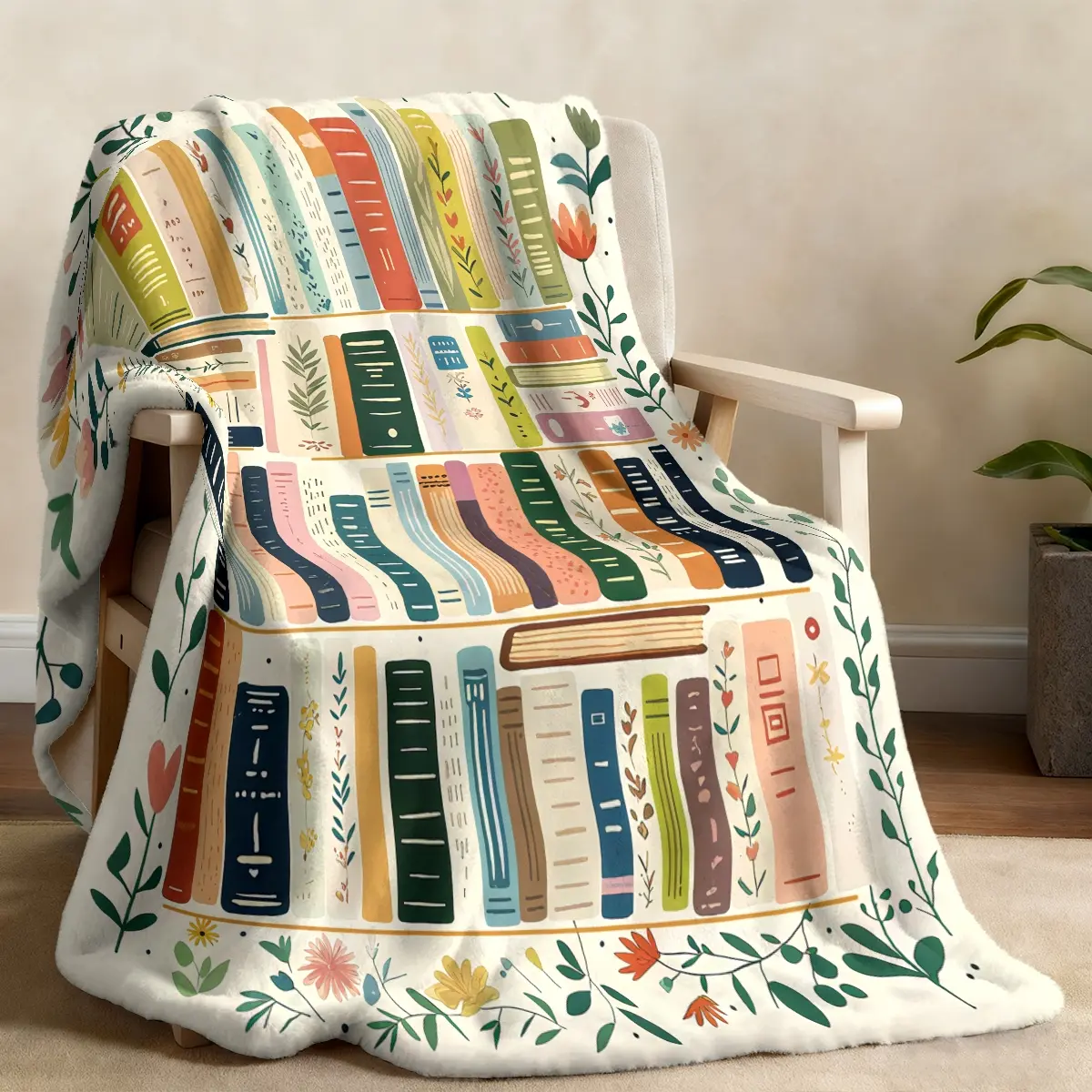 1 piece of literary spine and flower theme blanket, Flannel blanket, Decorative blanket, covered with colorful book spines, plant and flower elements, soft and comfortable bedroom, living room sofa cover, camping blanket, Multifunctional blanket
