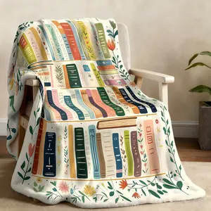 1 piece of literary spine and flower theme blanket, Flannel blanket, covered with colorful book spines, plant and flower elements, soft and comfortable bedroom, living room sofa cover, camping blanket, Cozy Warm Blanket, Soft Fluffy Blanket