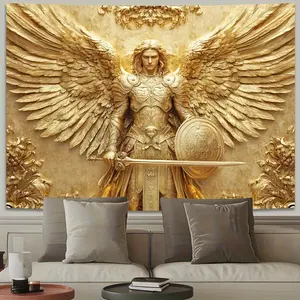 1 Gram style wall hung tapestry depicting Archangel St. Michael, decorating the living room with a golden polyester peach skin wall hung painting