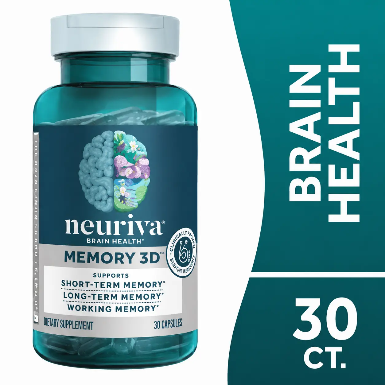NEURIVA Memory 3D Brain Supplement - Decaffeinated Nootropic Capsules for Memory, Focus, & Cognitive Function - Short Term, Long Term, & Working Memory Support - 50ct Healthy Dietary