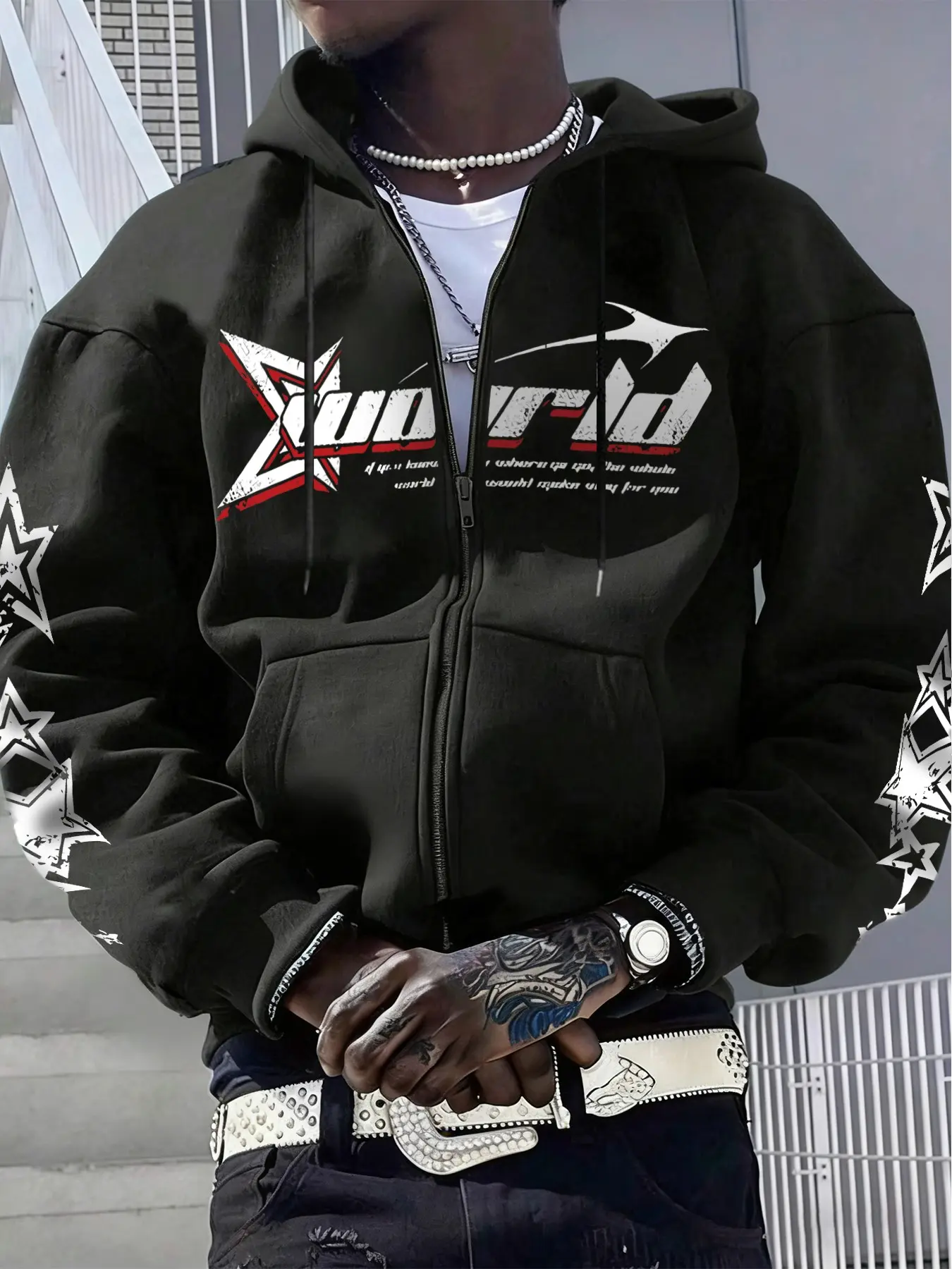 This men's casual printed zip-up long sleeve hoodie features a preppy collegiate-style letter, star and graphic print pattern, a relaxed fit, and is suitable for all seasons. It's a versatile and fashionable item.