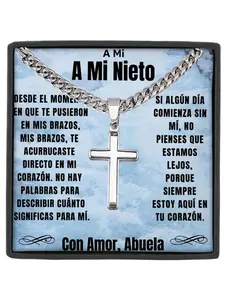 To My Grandson Stainless Steel Cross Necklace with Message Card and Gift Box Family Keepsake Birthday Christmas Gift