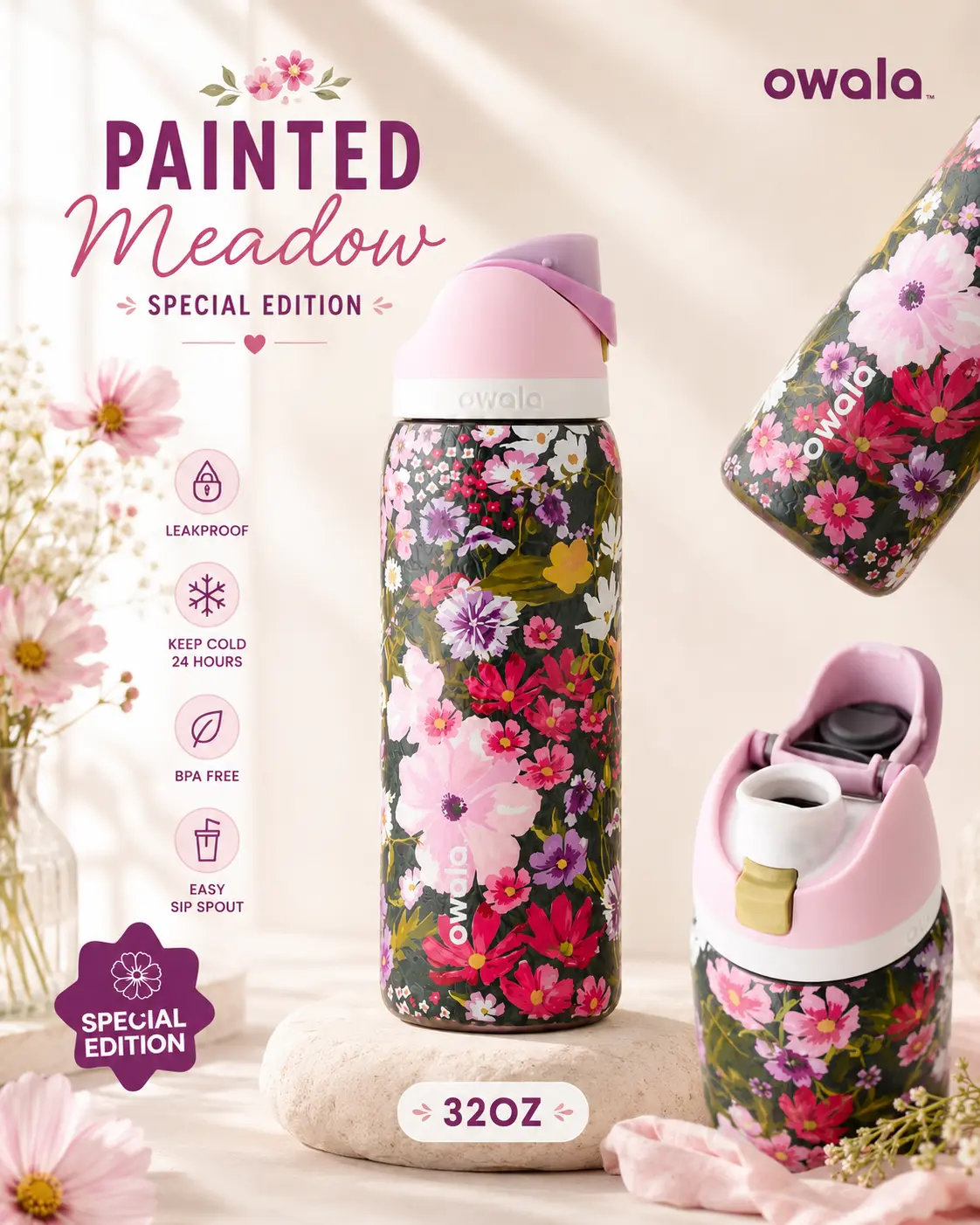 Owala FreeSip 32 oz Painted Meadow Water Bottle – Urban Outfitters Exclusive Floral Insulated Stainless Steel Leakproof Bottle