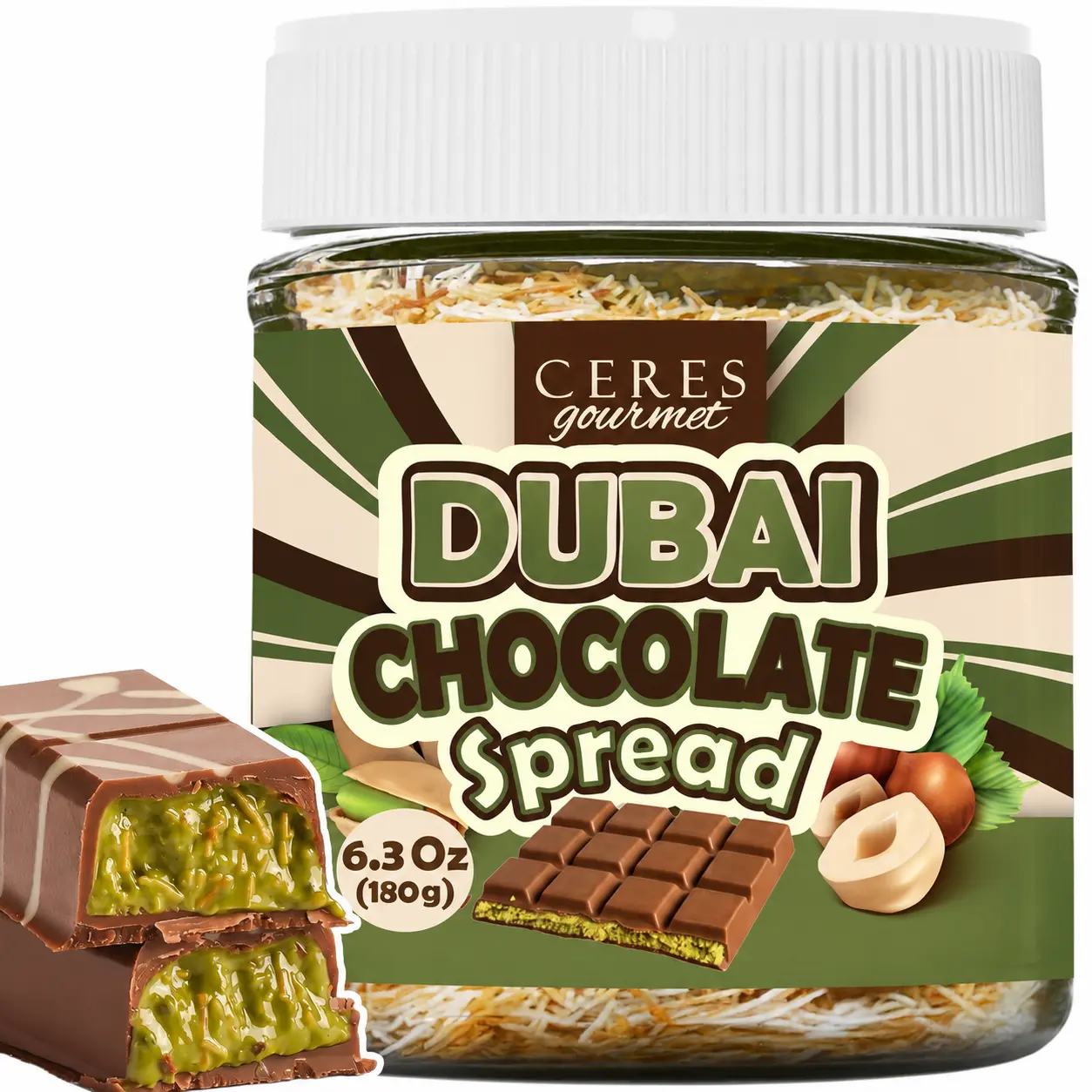 Gourmet Dubai Chocolate Spread - 6.3 oz Jar, Chocolate Flavored with Pistachio, Kataifi, Hazelnut Filling for Pancakes, Breakfast, Snacks