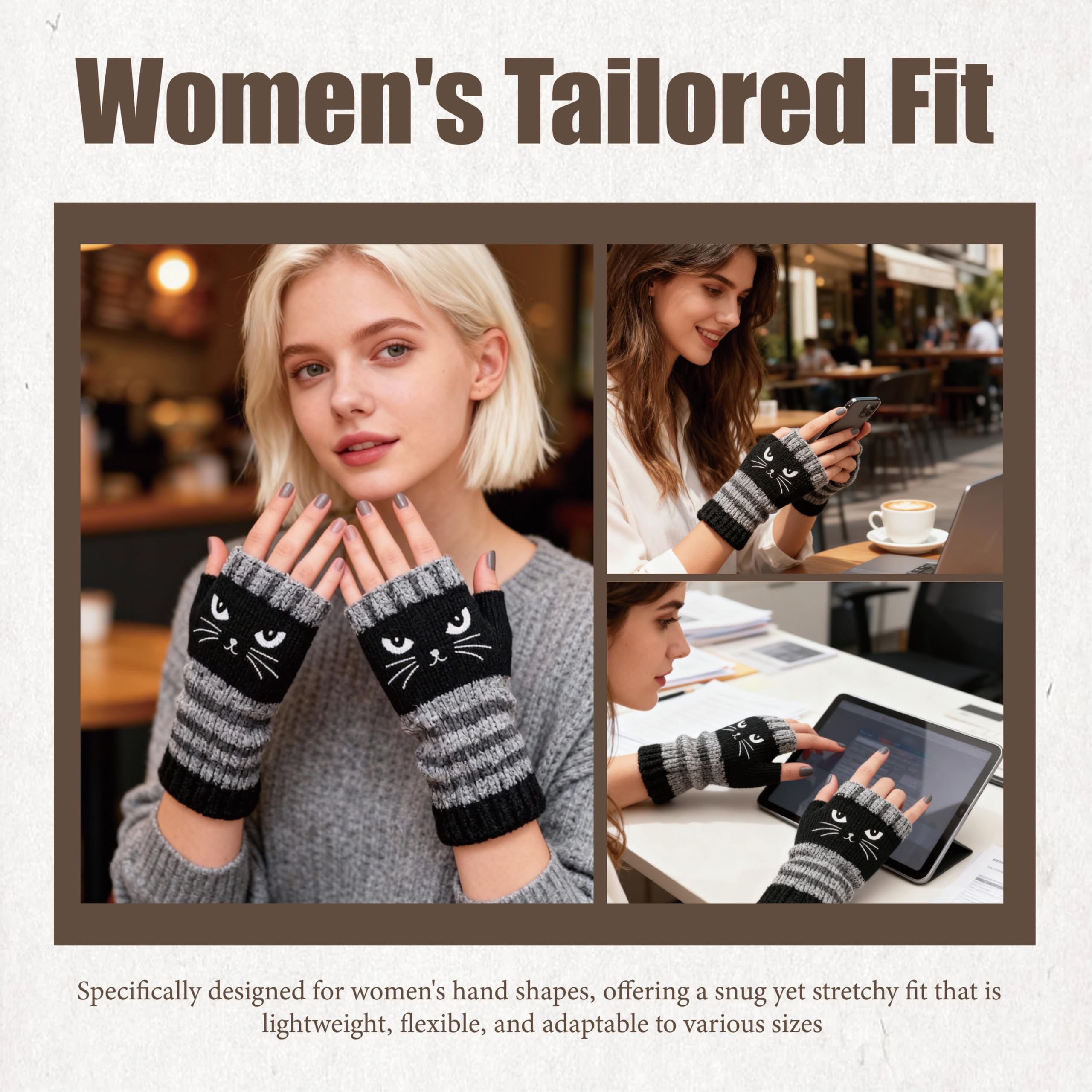 [Buy One Get One Free] These ladies' knitted fingerless gloves with cute cat embroidery patterns are comfortable and fashionable gloves suitable for casual spring wear and festive occasions.