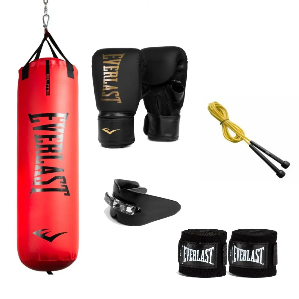100lb Elite Heavy Boxing Bag Set with Breathable Mesh Gloves, Dual Strap System Rope, Wraps, Open Thumb Mouthguard – Sports Training Gear for Boxing Workouts, Boxing Sets, Heavy Bags For Boxing Training, Polyester-Cotton