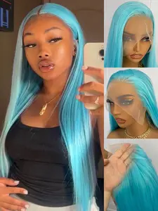 26 Inch Blue Long Silky Straight Wig 13X4 Lace Front Wigs for Women Heat Resistant Synthetic Fiber Natural Hairline, Daily Wear & Halloween Cosplay Costume Accessory