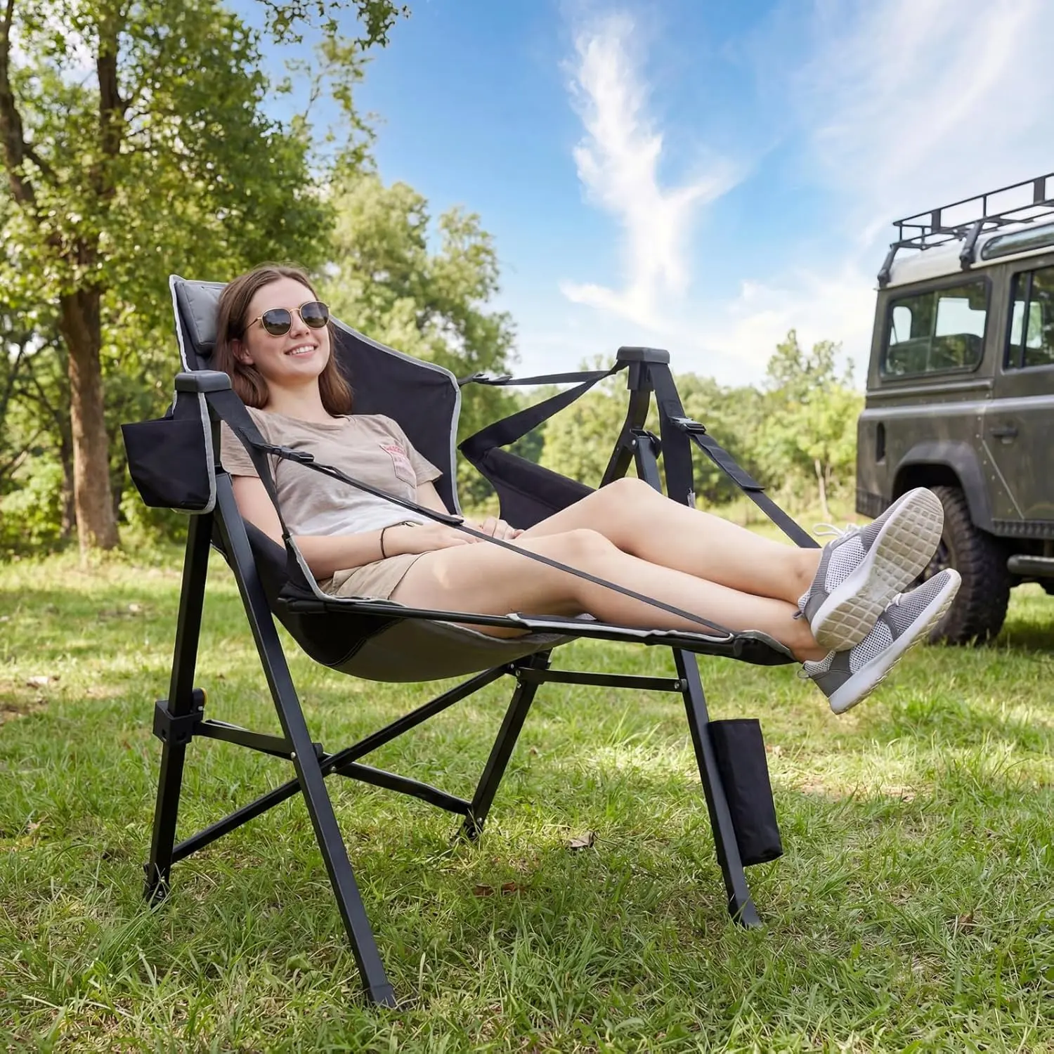 Hammock Camping Chair with Removable Footrest, 400lbs Heavy Duty Portable Swing Chair Outdoor with Adjustable Back, Foldable Camping Chair with Headrest and Cup Holder for Camping, Patio, Lawn