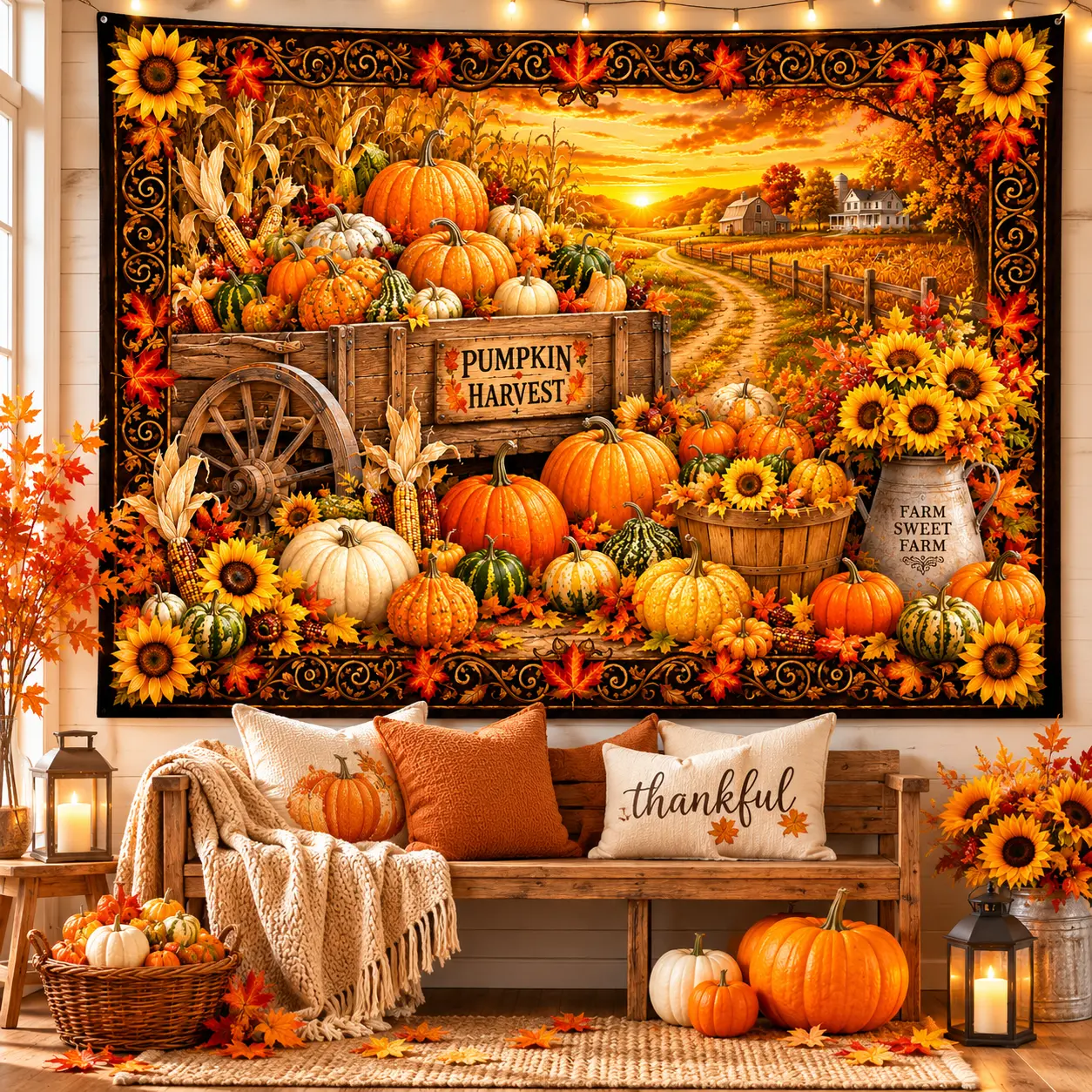 Colorful Hangable Lightweight Polyester Pumpkin Scene Tapestry, Vibrant Warm Indoor Autumn Farmhouse Wall Hanging, Thanksgiving Decor for Living Room, Bedroom