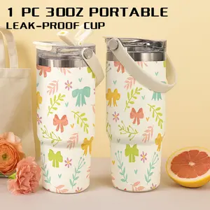 1 Pc 30 Oz Pink Floral Bow Vacuum Tumbler with Handle, 2-in-1 Flip Lid, Leak-Proof, Double-Wall Insulated, Easy Carrying, Cute and Fun Style, Keeps Hot 12H/ Cold 24H, Gift for Women, Teachers, Friends, Use At Office, Home or Car.