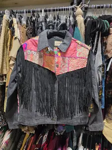 Embroidered patchwork and fringe black denim jacket