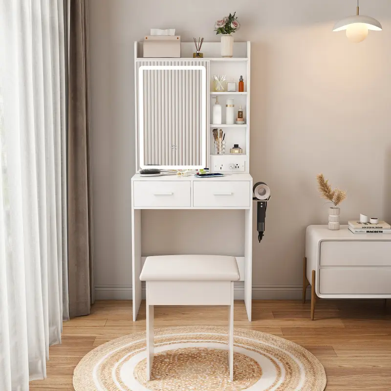 Small Makeup Vanity Desk with Mirror & Adjustable LED Lights,Built-in Power Outlet & Hidden Storage, Includes padded stool & Shelf,Space-Saving Dressing Table for Small Bedrooms,White    RR
