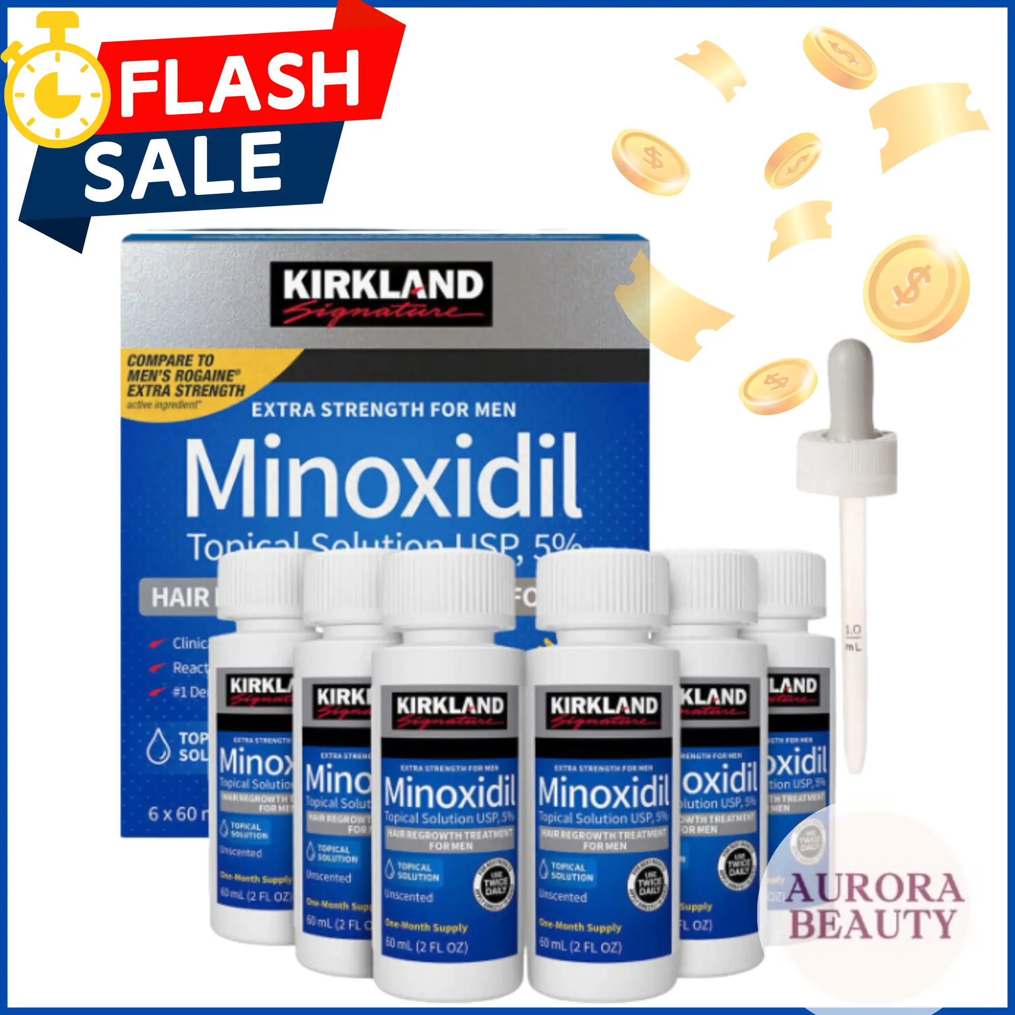 Kirkland Signature Minoxidil 5% Extra Strength for Men Hair Regrowth Solution  - Fast Acting & Clinically Proven for Male Pattern Baldness Care