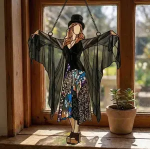 Gothic Boho Acrylic Suncatcher, Mystic Woman Window Hanging Decor, Witchy Round Sun Catcher, Retro 70s Aesthetic Ornament, Spiritual Home Decor Gift for Boho and Gothic Lovers