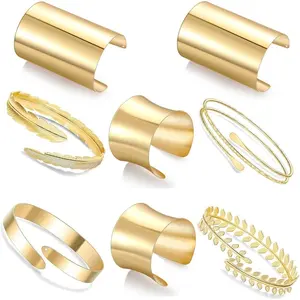 8-Pcs Wide Cuff Set for Female, Open Thin Thread Wire Grooved Adjustable Wrist & Upper Arm Bands, Elegant Minimalist & Trendy Stack Cuff Bangles Bracelets Jewelry Accessories, Elegant Minimalist Bangle