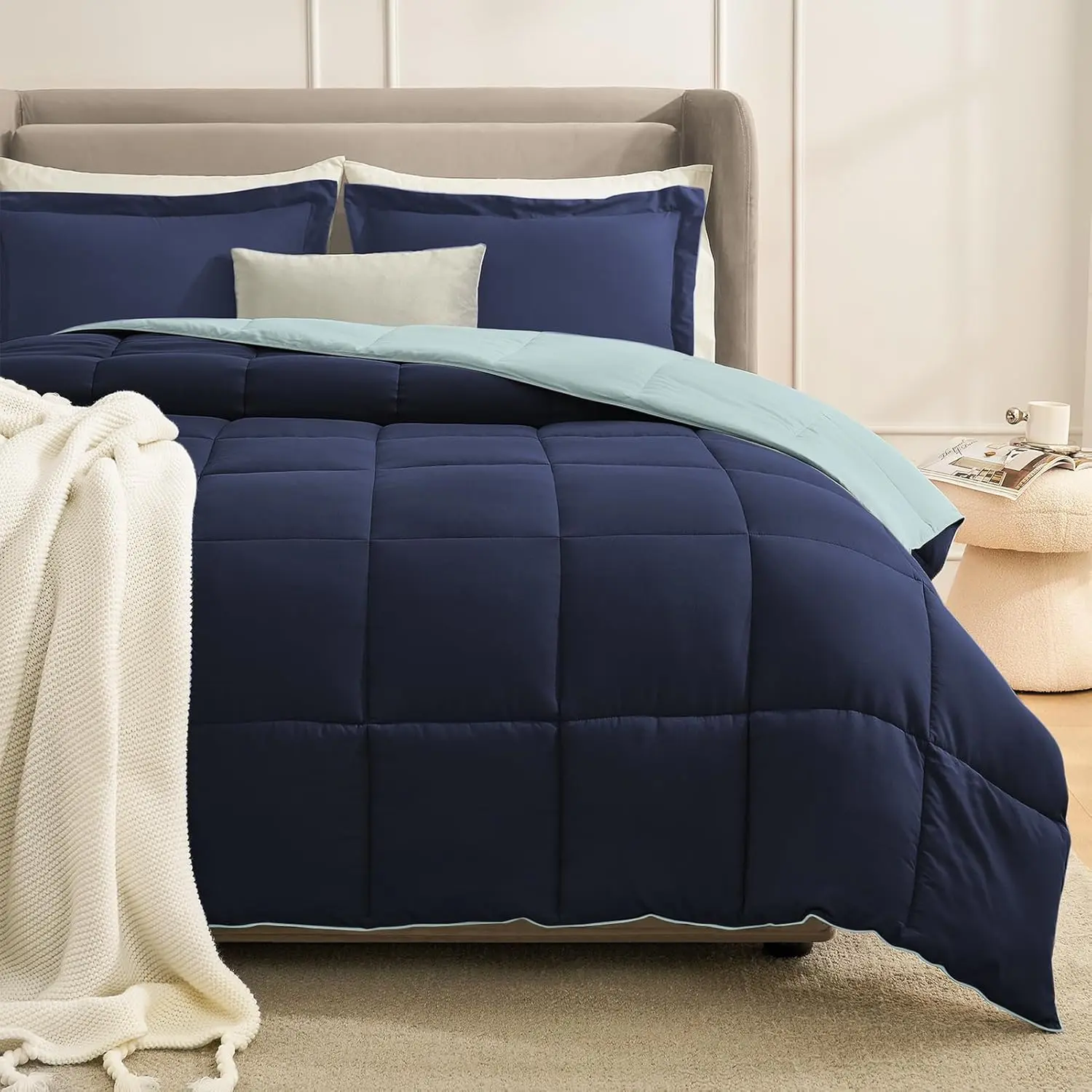 Down Alternative Comforter - King, California King, Full/Queen, Oversized Queen Sizes, Navy/Light Blue Durable Microfibre Bedding, Machine Washable, Ideal for Birthday Gifting, Christmas