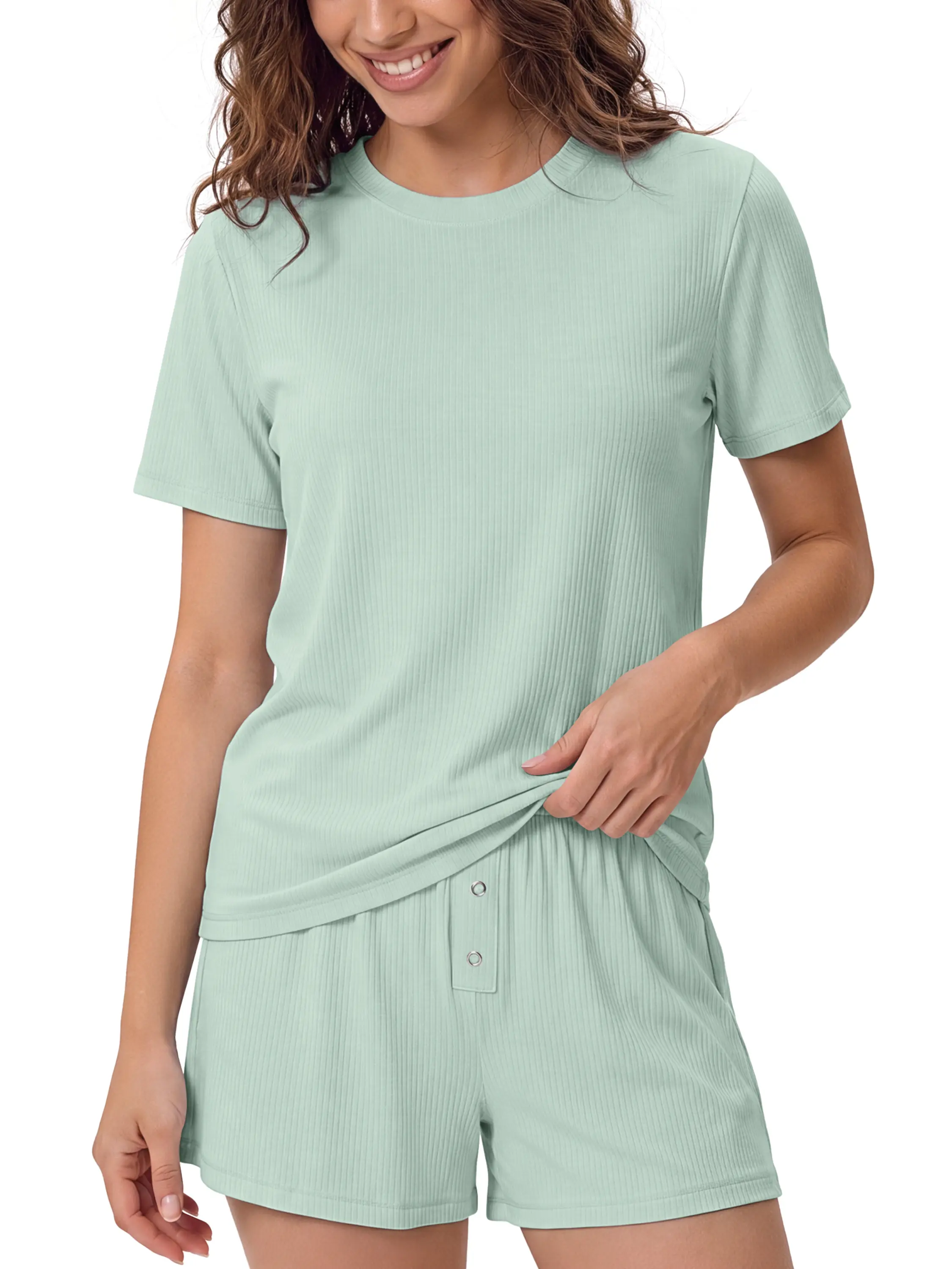 ODODOS Women's Bamboo Viscose Short Sleeve Relaxed Tee, Ultra Soft Ribbed Sleep Lounge Casual Everyday Top