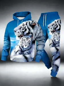 2026 New Men's Animal Pattern 2-Piece White Tiger Print Hoodie and Pants Set - Soft Comfortable Fitted Cut Long-Sleeve Blue Pullover, Casual Sports Streetwear Loungewear