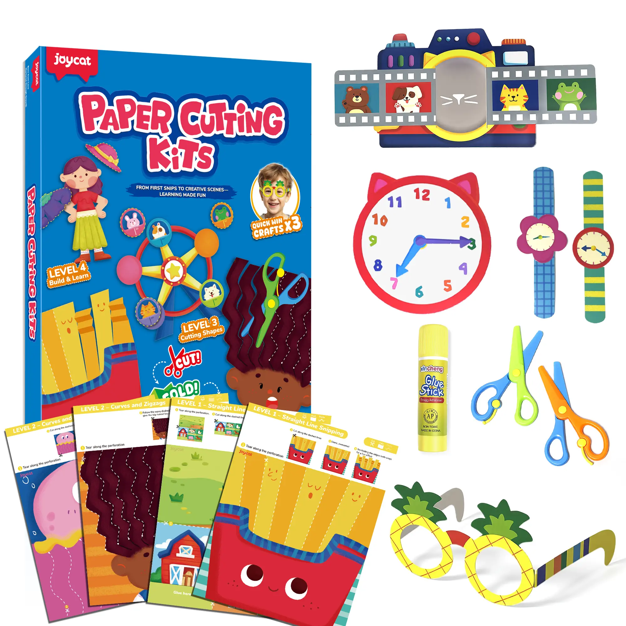 Toddler Scissor Skills Activity Book, 4 Progressive Levels to Learn Cutting for Kids Ages 3+, 31 Fun Crafts with Child-Safe Scissors, Develop Fine Motor Skills, Ideal Christmas Gift & Arts and Crafts Art Stickers Papercraft Figures