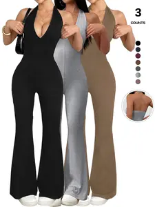 Women's Halter Neck Jumpsuit, Sleeveless Deep V Backless Chic Design, Flare Leg Romper for Casual Wear, High Waist Fitted Style Outfits, Womenswear