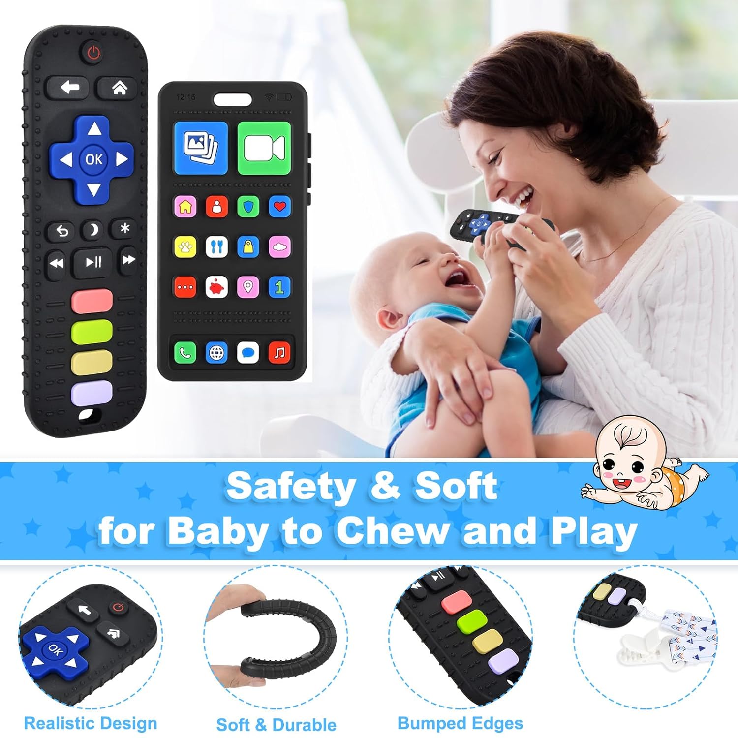 Baby Silicone Teething Toys for Babies 3-18 Months – Phone & Remote Control Teether Toys, BPA Free Chew Toys for Toddlers Boys & Girls, Freezer Safe Infant Teething Relief Toy Set Baby Silicone Teething Toys for Babies 3-18 Months – Phone & Remote Control Teether Toys, BPA Free Chew Toys for Toddlers Boys & Girls, Freezer Safe Infant Teething Relief Toy Set