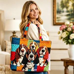 Color Patchwork Quilted Tote Bag Cute Basset Hound Print Large Capacity Shopping Handbag