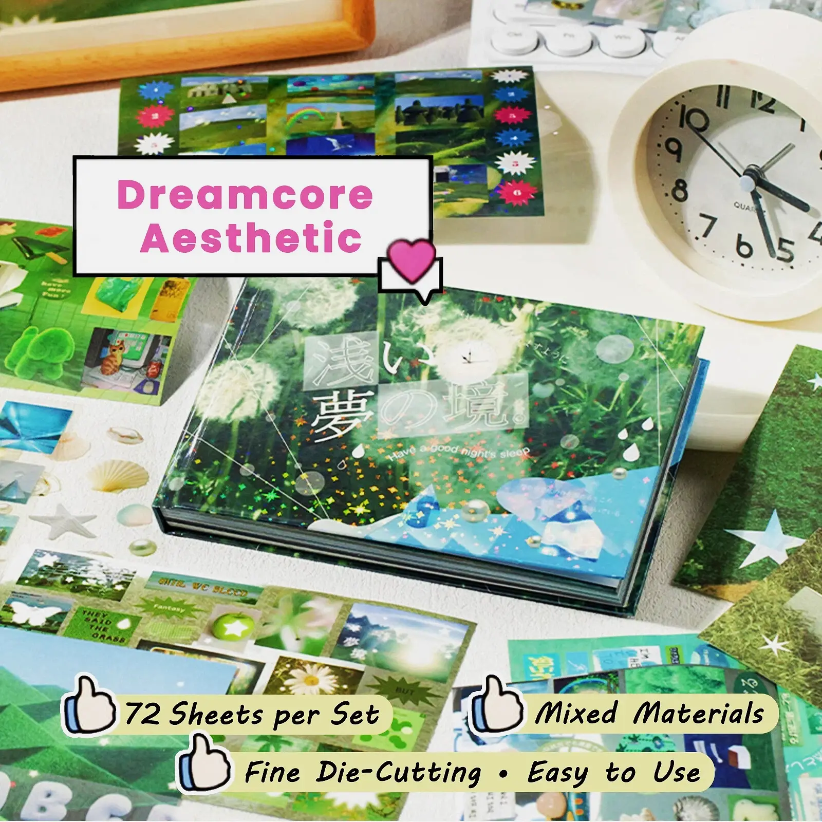 72 Sheets Mixed Media Aesthetic Sticker Book (Single/Bundle) – Large Dreamcore & Kawaii Arcade Decals (PET, Writable, Holographic Star) for Junk Journal #Summervibes Journaling