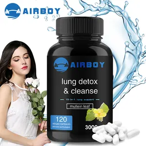 Airboy 15-in-1 Lung Support Supplement, 120 dietary soft capsules, with added mullein leaf extract to supplement vitamins C and D, supporting lung cleanliness and health.