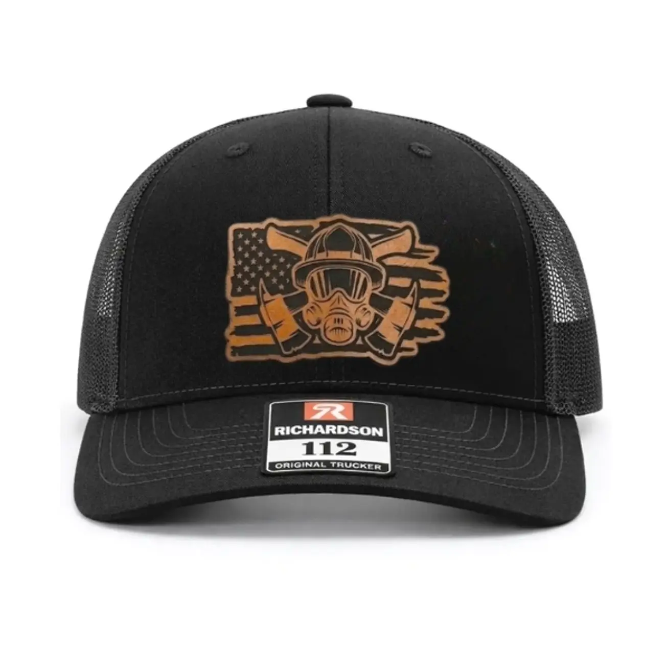 Fireman American Flag Patch Hat on Richardson 112 | Fire Rescue Mesh Hat | First Responder Leather Patch Hat | Patriotic Fireman Snapback Hat | Firefighter Gift for Men | USA Hero Outdoor Cap | Duty Pride Hat