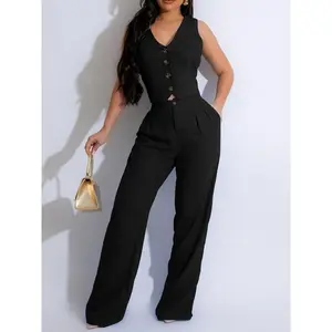 Women's Button Front V Neck Crop Tank Top & Plicated Pants Two Piece Set, Mufti Clothes, Fall?Outfits, Asymmetrical Tie Back Top & Pocket Trousers, Fall?Sets, Fall?Outfits Clothes Set for Work