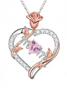 Love Rose Mom Heart Necklace, anti-oxidation design, five-color heart-shaped zircon, adjustable chain, elegant heart-shaped pendant, the best Mother's Day / Birthday gift for her, fashionable and elegant, women's necklace, Fashion Pendants