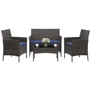 Gaomon 4-Piece Wicker Rattan Outdoor Furniture Set, Modern PE Rattan Conversation Set with 2 Chairs, Loveseat, Tempered Glass Coffee Table, Easy Assemble All-Weather Seating for Garden, Porch