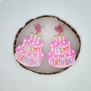 #437 "It's My Birthday" Pink Glitter Cake with Pink Frosting with Candles & Pink Glitter Hear Stud Earrings, Party, Birthday, Acrylic
