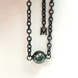 NC54-Midnight Oil Black Tahitian Natural Seawater Pearl Necklace Oily Luster Round Saltwater Pearls Gift from Deep Sea Cool Style Gift for both Men and Women