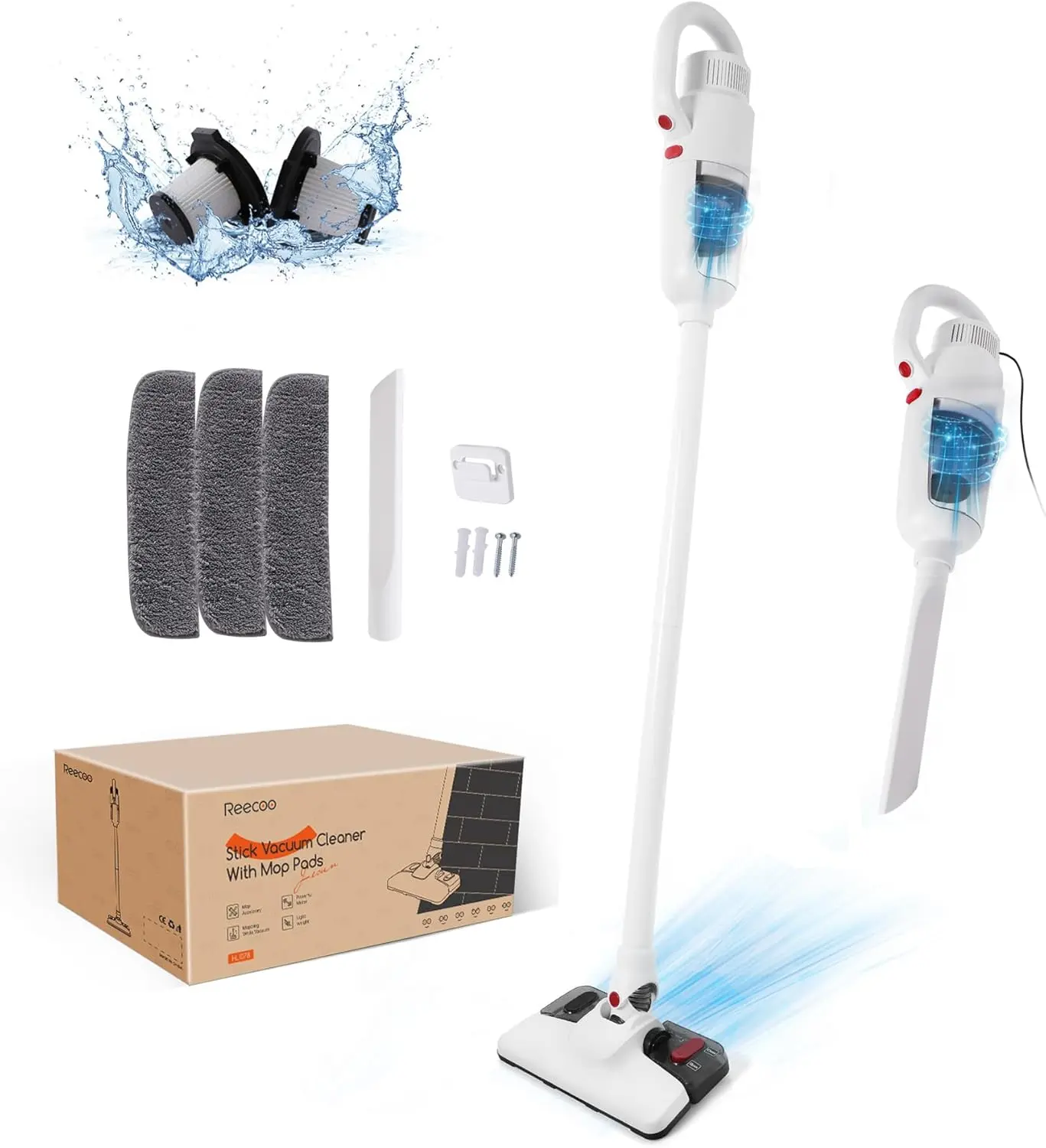REECOO Lightweight Stick Vacuum Cleaner, Unique Vacuum and Mop Combo - 3 Dust Filters/Microfiber Pads,Corded Stick Vacuums & Electric Brooms - 400W 12Kpa Suction for Kitchen, Bedroom, Living Room