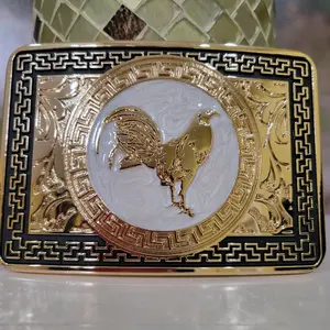 Rooster Western Silver Rose Gold & Black Enamel Buckle 4.5x3.0" Rodeo Cowboy Design for Upto 2" Belts, High Quality Zinc Alloy