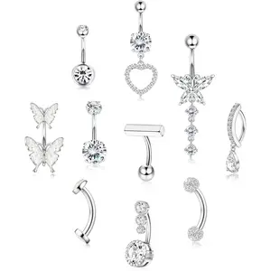 ZELORES Women's 10-Piece 14G Stainless Steel Rhinestone Belly Ring - Opal CZ Clicker Dangles, Body Piercings Dainty Piercing Jewelry for Daily Wear (Silver, Gold)
