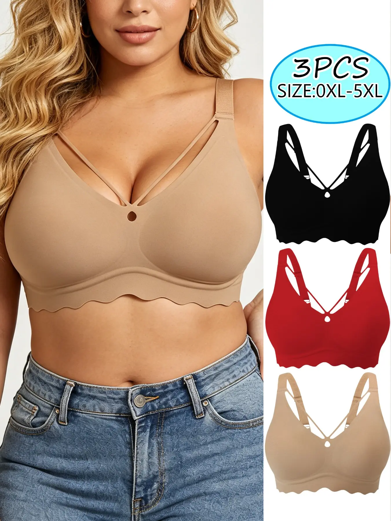 3pcs plus size fashion bra with a hollow-out design, wire-free to reduce chest pressure, and crafted from breathable, sweat-wicking fabric. This intimate essential is designed specifically for comfort, support, and a stylish look.