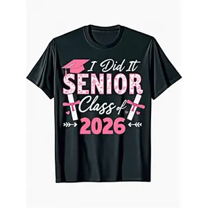 Stylish Black Graduation T-Shirt for Seniors - Features a Pink Graduation Cap, I Did It Phrase in White Cursive, Bold SENIOR with Pink Accents, Adorable Pink Bow, and 2026 Year with Scrolls and Hearts - Perfect for Celebrating Graduation Day Fashion!