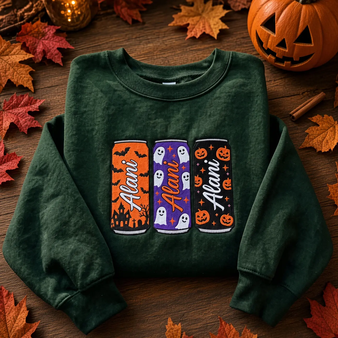 Alani Halloween Sweatshirt: Haunted House, Ghosts, Pumpkins Soda Cans