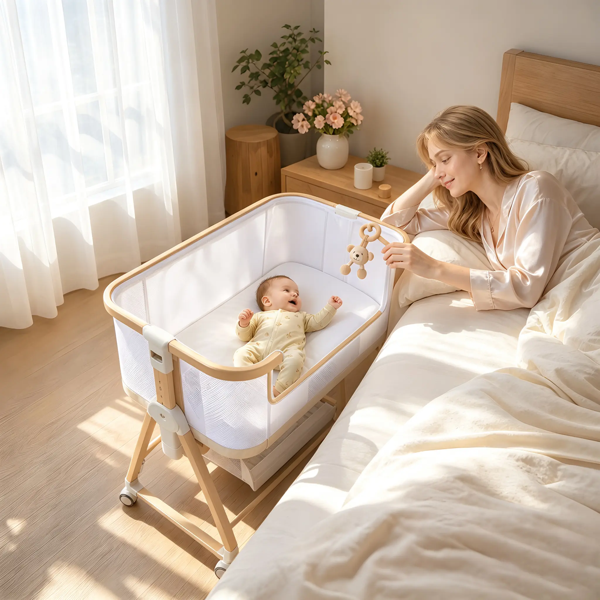 Baby Bedside Sleeper Bassinet, Bassinet Storage Basket and Wheels, Beige | Multi-functional, breathable mesh，adjustable height, washable fabric, 360°lockable wheels, large storage capacity, Portable Side Bed Crib Summer Sale