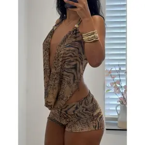 Women Leopard Print Sleeveless Backless Halter Top & Short Pants Set, Casual Fashion Set, Sexy Tie Back Design, Slim-Fitting, Drop Waist, Two-Piece